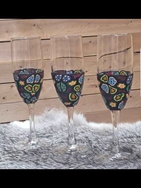 Handcrafted Polymer Clay Floral Stemless Champagne Flutes - Blue & Multicolor